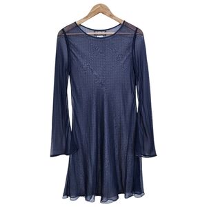 Melinda Eng Silk Sheer Long Sleeve Boat Neck Dress Navy Blue Size Medium Chiffon